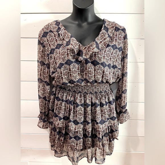 💙 DEX – Navy, Cream & Burgundy Print Dress – Size 2X - Picture 1 of 11